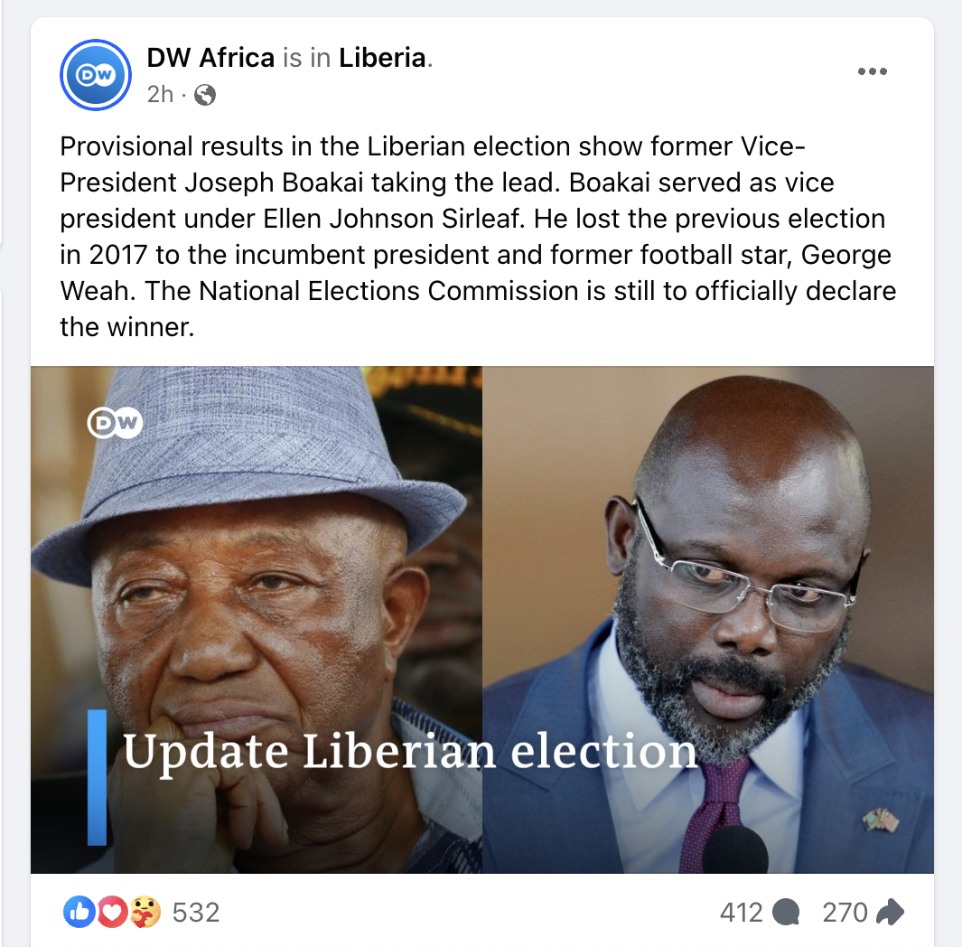 DW Africa deletes Facebook post claiming Liberia's Prez George Weah is leading in the poll count