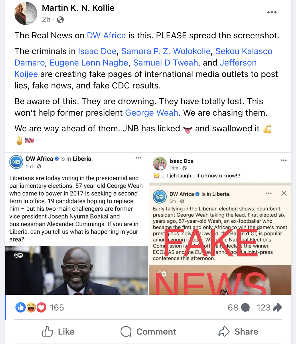 DW Africa deletes Facebook post claiming Liberia's Prez George Weah is leading in the poll count