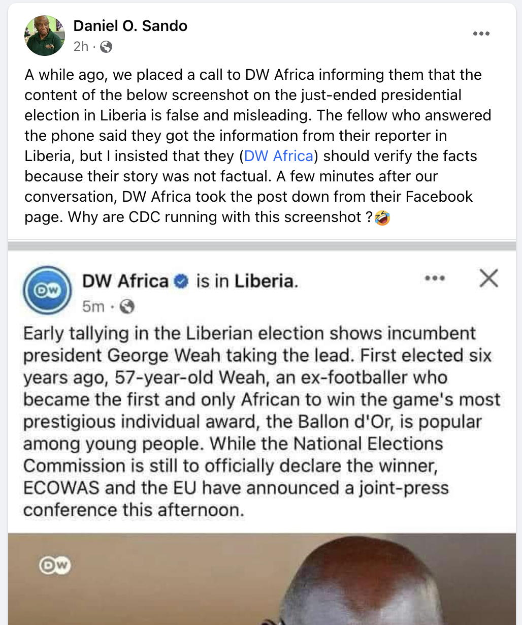 DW Africa deletes Facebook post claiming Liberia's Prez George Weah is leading in the poll count