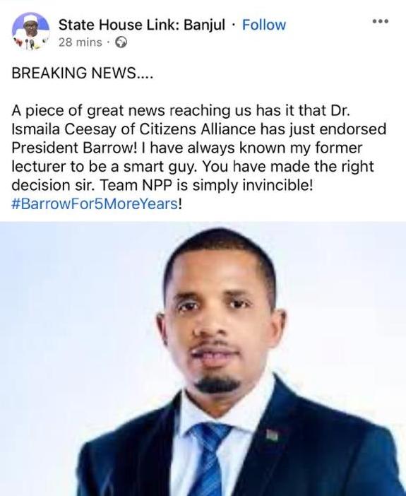 FALSE: Citizens’ Alliance has NOT endorsed President Adama Barrow