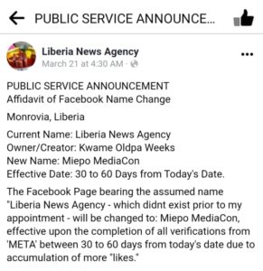 FACT-CHECK: Former Liberia News Agency boss personalises institution’s Facebook page after exit from office