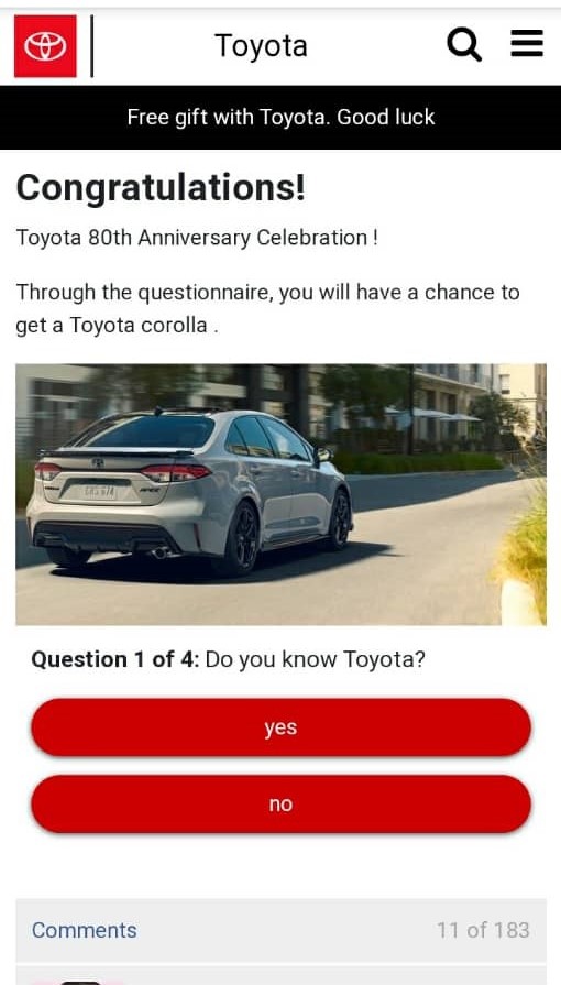 HOAX: A site offering cars and gifts as part of Toyota’s 80th anniversary celebration is a scam