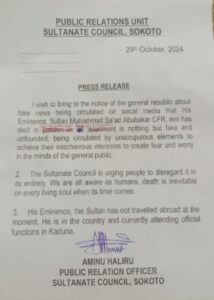 Viral WhatsApp message announcing Sultan of Sokoto’s death is Fake