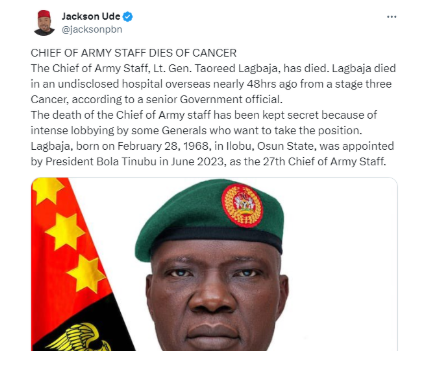 FACT-CHECK: Nigeria’s Chief of Army Staff, Taoreed Lagbaja is not dead