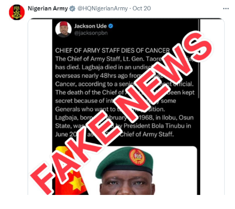 FACT-CHECK: Nigeria’s Chief of Army Staff, Taoreed Lagbaja is not dead