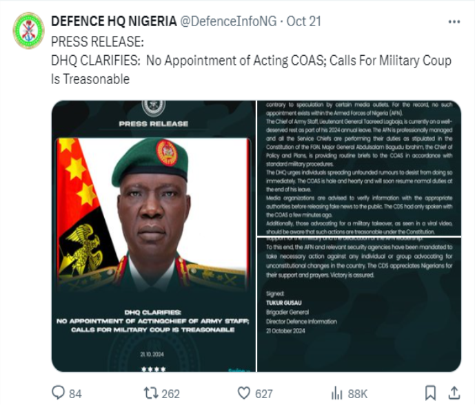 FACT-CHECK: Nigeria’s Chief of Army Staff, Taoreed Lagbaja is not dead