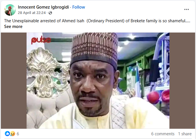 False! Nigeria’s Ordinary President, Ahmed Isah, is alive, was neither arrested nor detained False! Nigeria’s Ordinary President, Ahmed Isah, is alive, was neither arrested nor detained