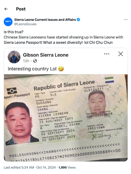 FACT-CHECK: Sierra Leonean passport bearing biodata of Chinese national is authentic