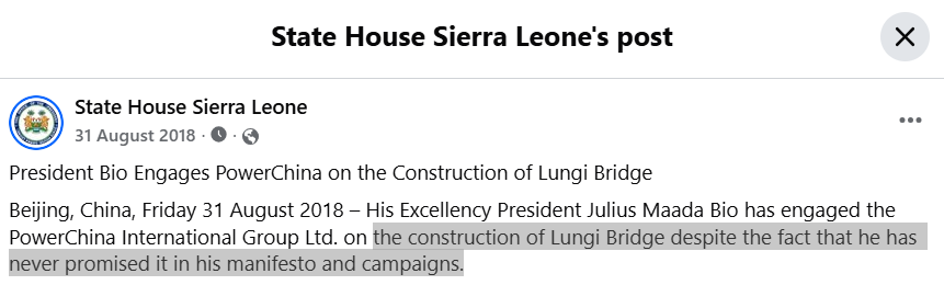 ‘I never promised Lungi Bridge in my manifesto’ - Deconstructing Sierra Leone prez’s claim 